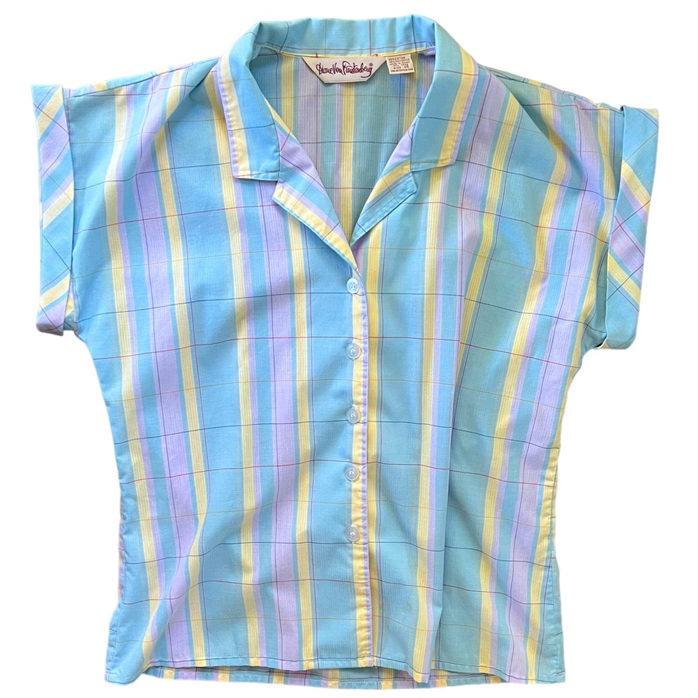 Diane Von Furstenberg Roll Cuff Short Sleeve Button Up Pastel Stripe Shirt sz 14
